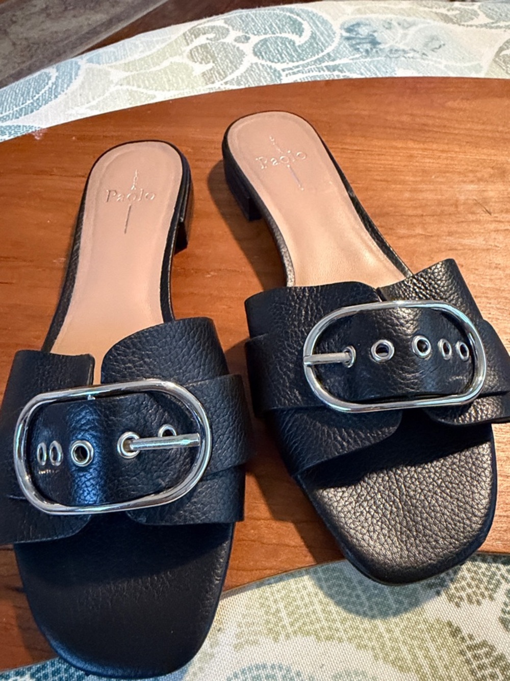 Paolo Black Leather Slide Mules with Silver Buckle
